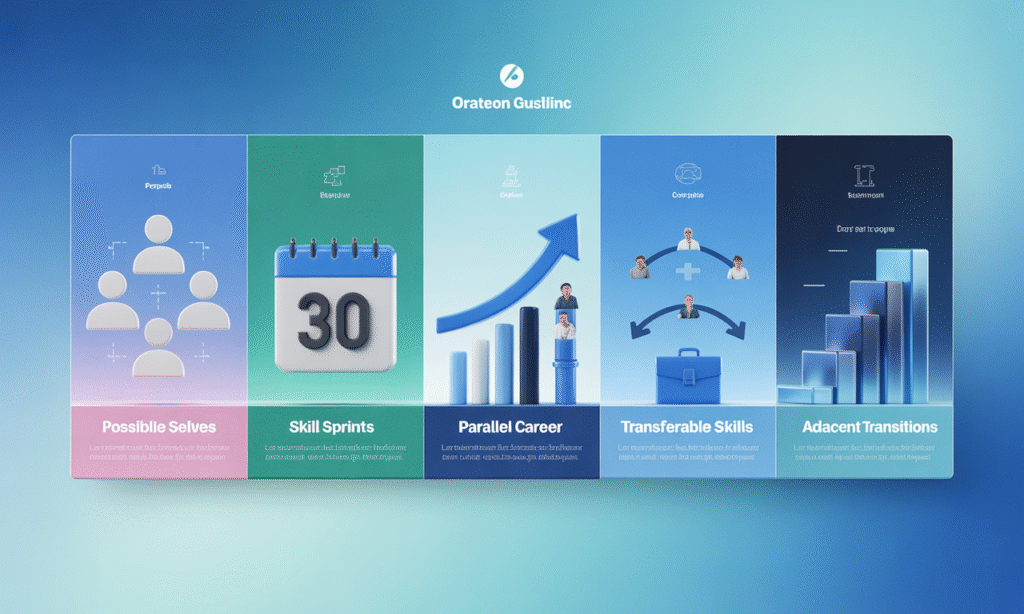 5 Mid-Career Transition Strategies — visual guide Visual summary of 5 mid-career transition strategies showing possible selves, 30-day skill sprints, parallel career growth, transferable skills, and adjacent transitions for professionals in 2025