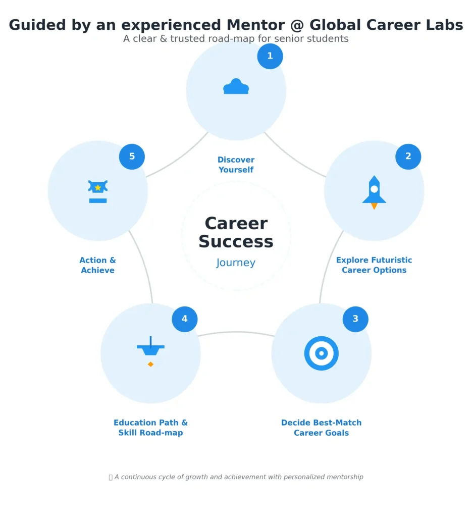 Five Step Career Guidance for Students After Graduation - Circular flow diagram showing the five step career guidance process for students after graduation - Discover Yourself, Explore Futuristic Career Options, Decide Best-Match Career Goals, Education Path and Skill Road-map, Action and Achieve.
