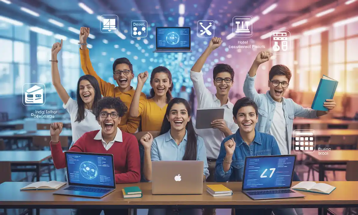 Young Indian students learning digital marketing, coding, and design in modern classroom - 6 month courses after 12th