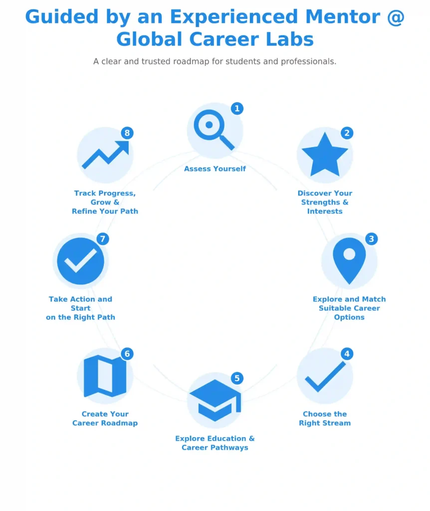 8-Step Career Guidance Process for Students - 8-step career guidance workflow showing assessment, strengths discovery, career options, stream selection, education pathways, roadmap creation, action, and progress tracking guided by a mentor.
