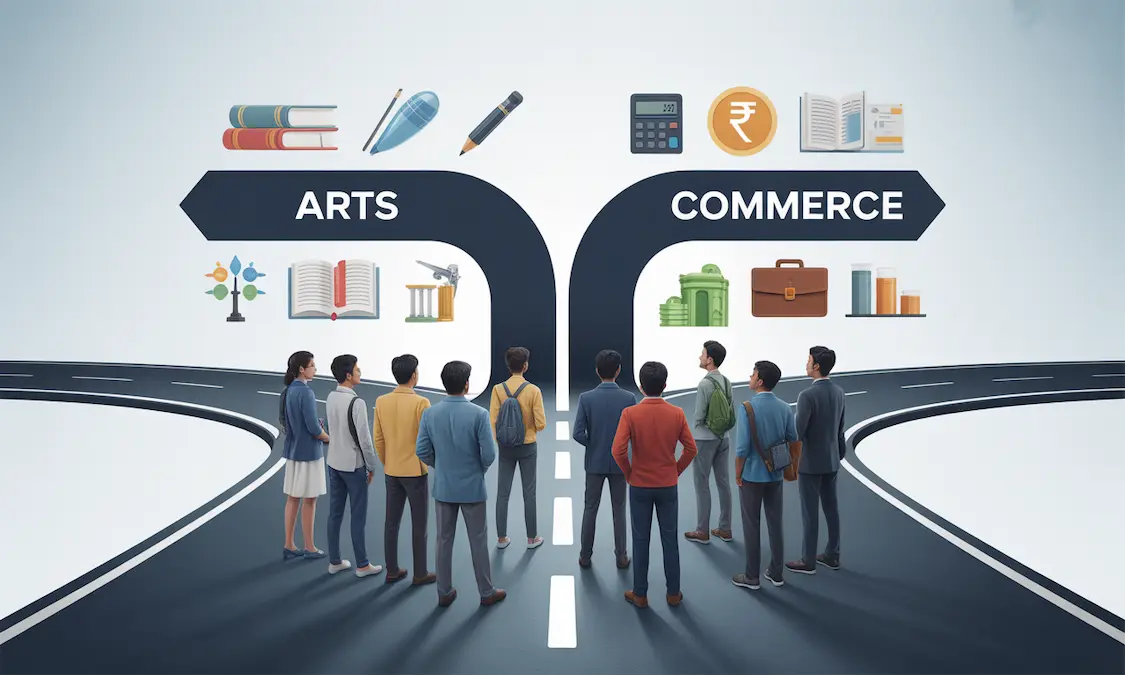 Arts vs Commerce After 12th – Stream Choice Guide 2025 - Indian students choosing between Arts and Commerce streams after 12th, representing career options and guidance for 2025.