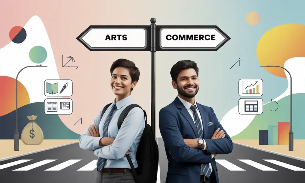 Students happy after choosing the right stream after 12th Indian students choosing between arts and commerce after 12th at a career crossroads.