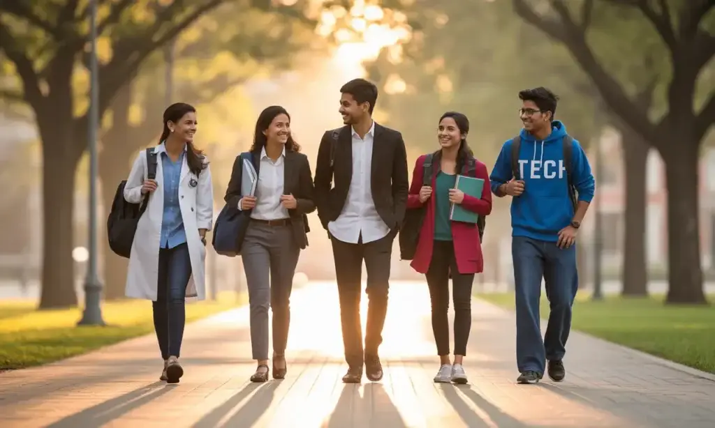 Happy Indian students who found career clarity using the 7-step decision framework Happy diverse group of Indian students celebrating after finding their career paths following the 7-step decision framework
