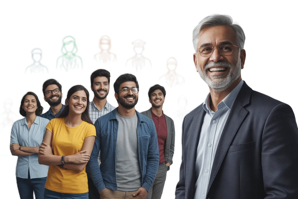 Career Guidance After Graduation - A group of confident Indian college students smiling with career icons in the background after gaining career guidance.