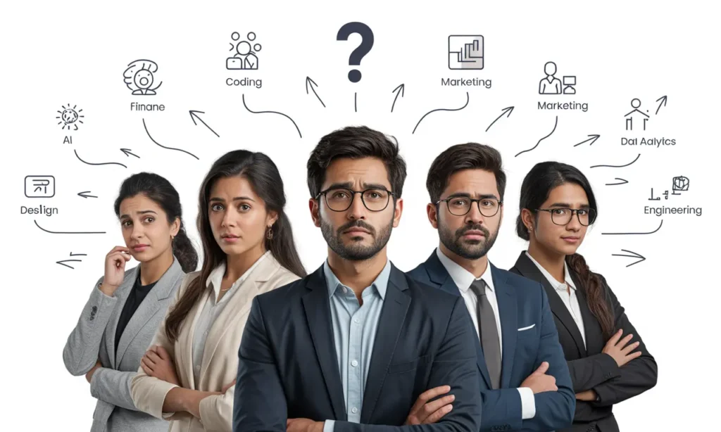 Group of young Indian professionals confused about career choices with icons representing different career fields