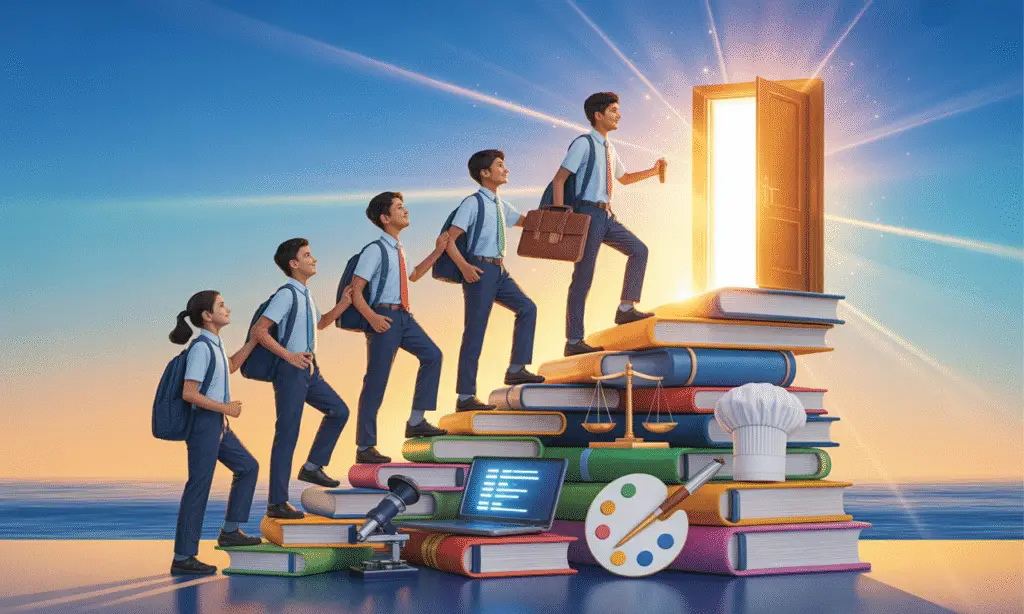 Diverse Indian students climbing stairs made of books toward career opportunities - illustration showing engineering, medical, business, arts, law and hospitality career paths