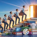 Diverse Indian students climbing stairs made of books toward career opportunities - illustration showing engineering, medical, business, arts, law and hospitality career paths