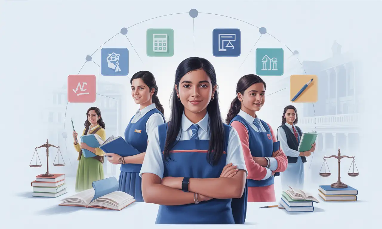 Indian school girl in uniform standing confidently with science, commerce and arts streams illustrated behind her, showing career options for girls after 12th in India.