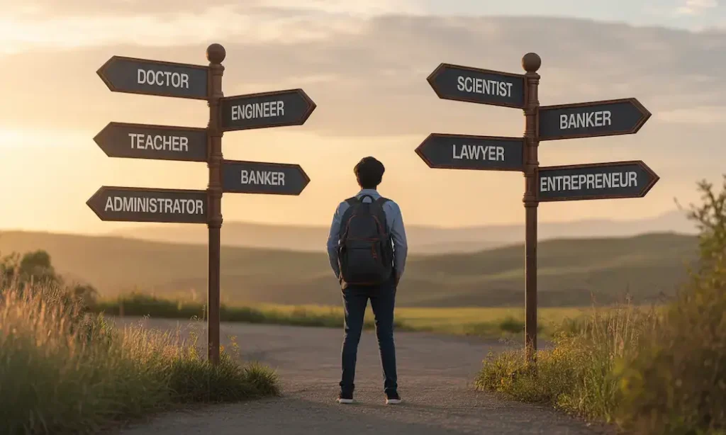 Indian student contemplating career options after 12th grade with multiple pathway symbols representing different career choices