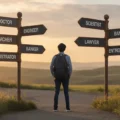 Indian student contemplating career options after 12th grade with multiple pathway symbols representing different career choices