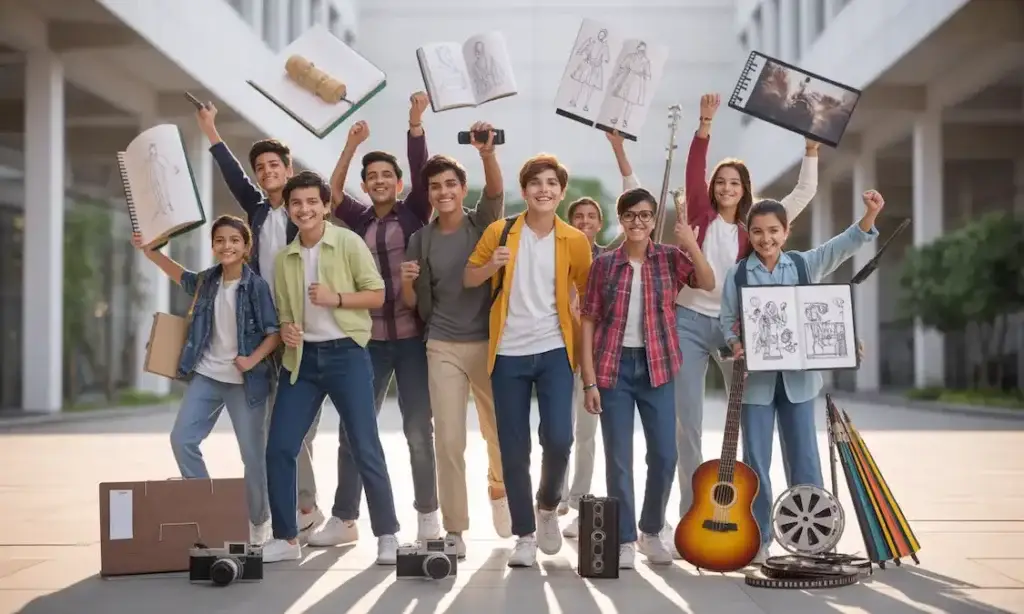 Happy Indian students celebrating their success after choosing creative careers after 12th in India 2025