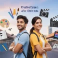 Indian students exploring creative careers after 12th with art design music photography and gaming symbols