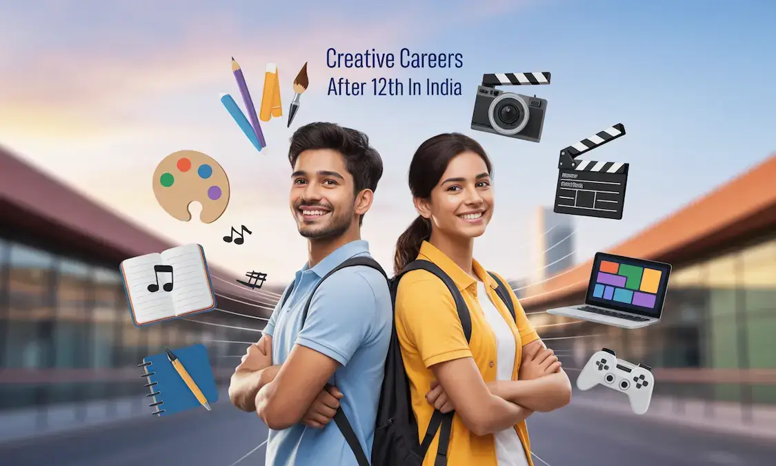 Indian students exploring creative careers after 12th with art design music photography and gaming symbols