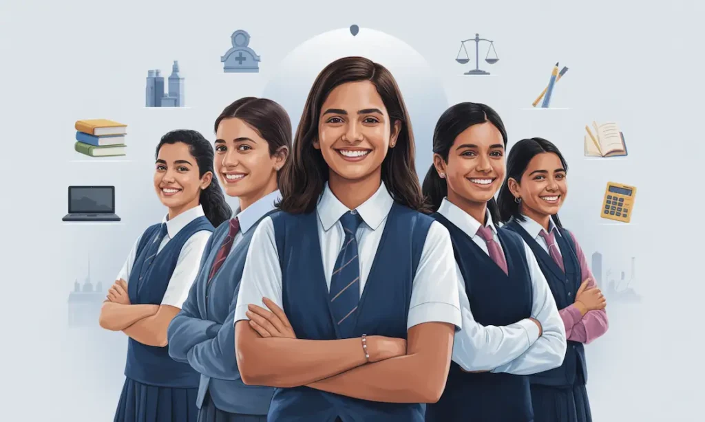 Flat vector illustration of Indian schoolgirls smiling after choosing the right career path after 12th, with icons of different career fields in the background.