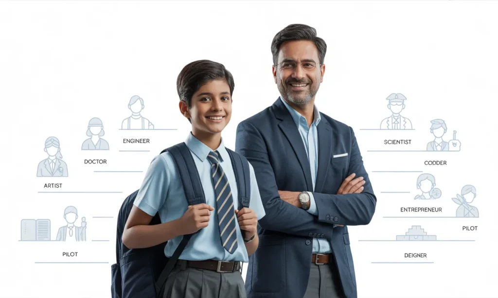 Student Career Guidance with Mentor - Indian school student standing beside a professional mentor with subtle career icons in the background, representing future career guidance.