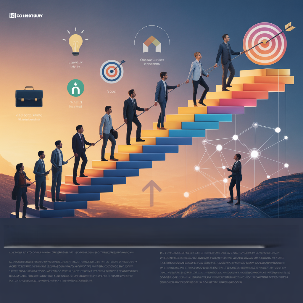 Mid-Career Crisis at 40 – Growth Path Mid-career professionals climbing a colorful staircase toward growth and purpose, symbolizing progress, self-discovery, and success after a mid-career crisis at 40.