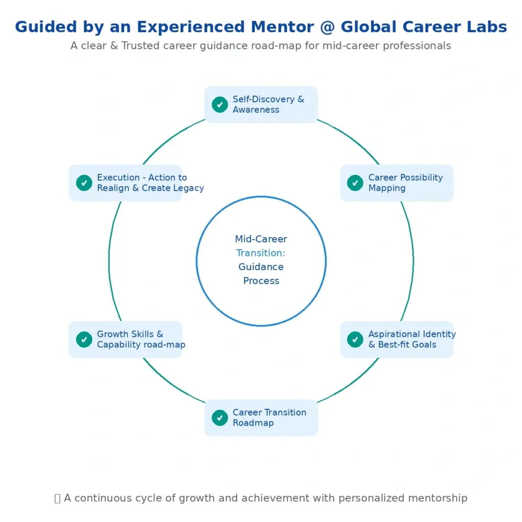 Mid-career guidance process flow showing a six-step transition journey including self-discovery, career possibility mapping, aspirational identity, roadmap planning, capability building and execution support