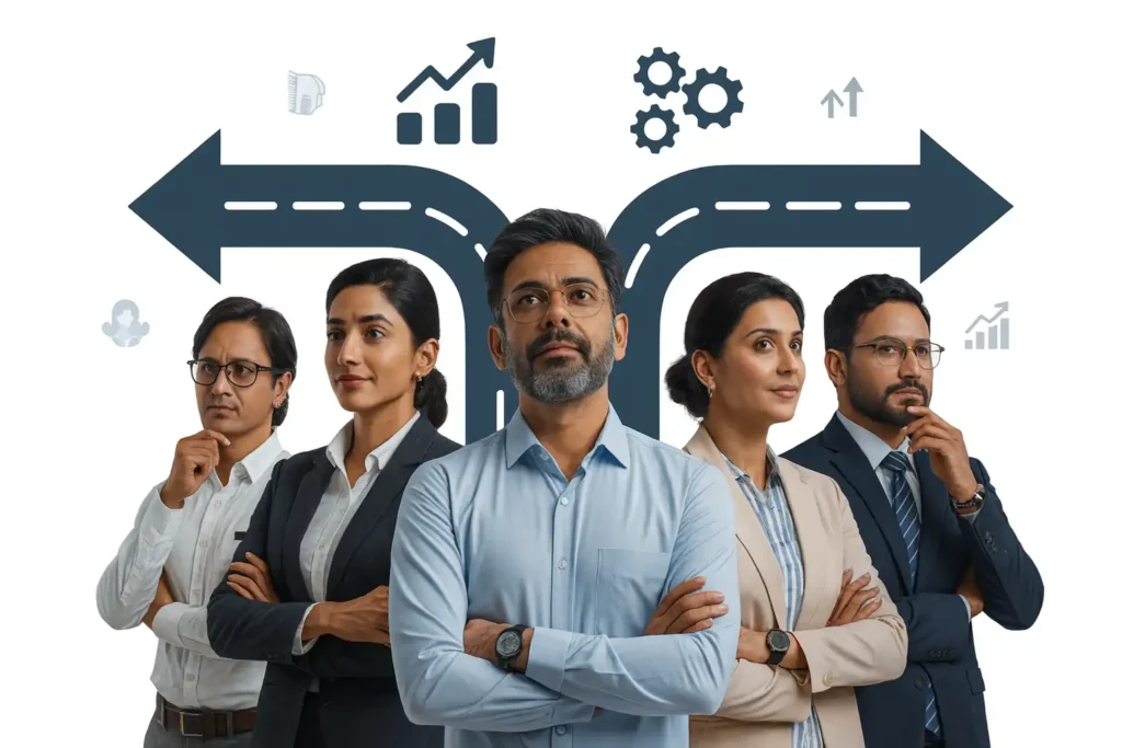 Group of Indian mid-career professionals standing at a crossroads with growth icons, representing clarity and career guidance for professionals seeking transition.