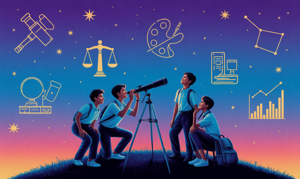 Explore your career options with expert guidance Indian students looking through telescope at career symbols in sky - footer illustration for career guidance website