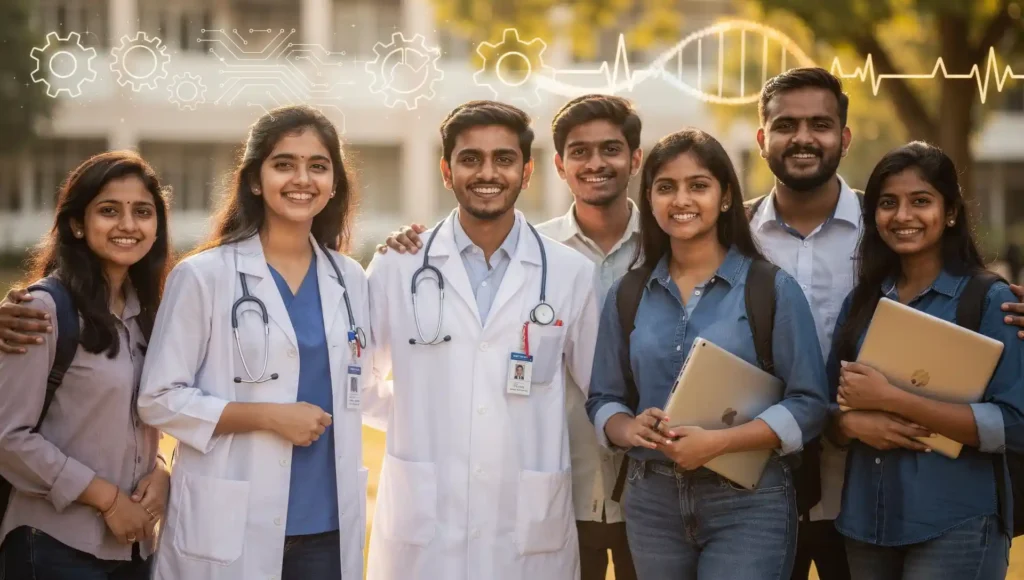A group of happy Indian students after choosing medical and engineering careers.