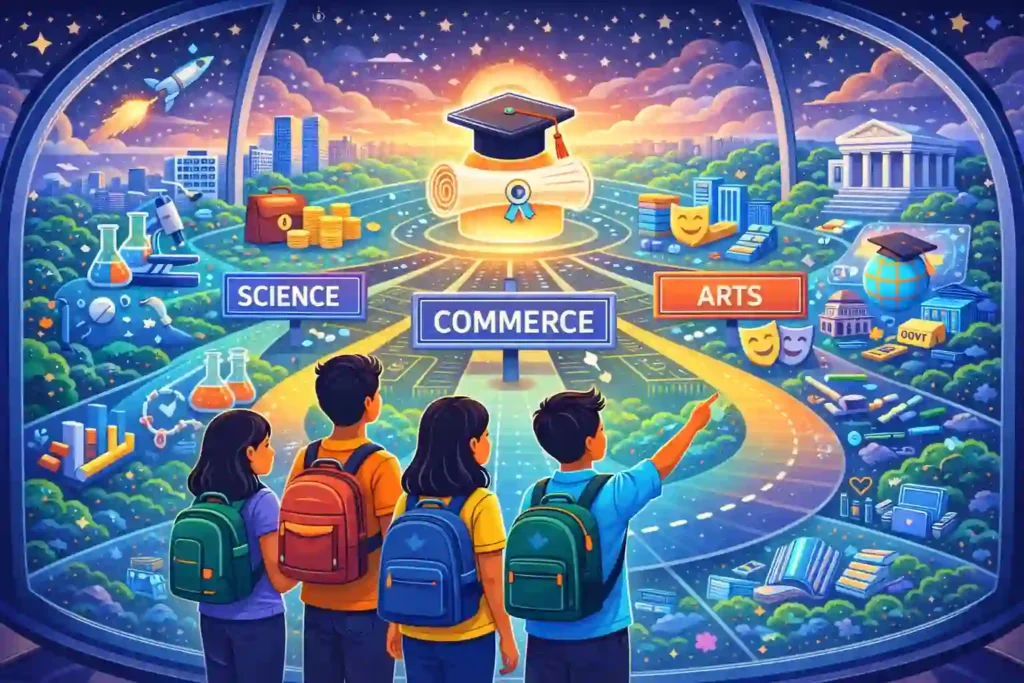 Illustration showing Indian students exploring multiple career pathways after 12th