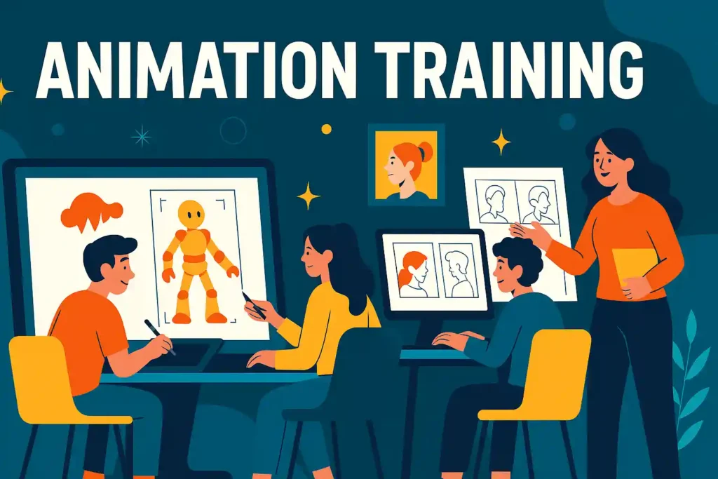 Flat vector illustration of students learning animation and 3D character design in a creative studio with an instructor.
