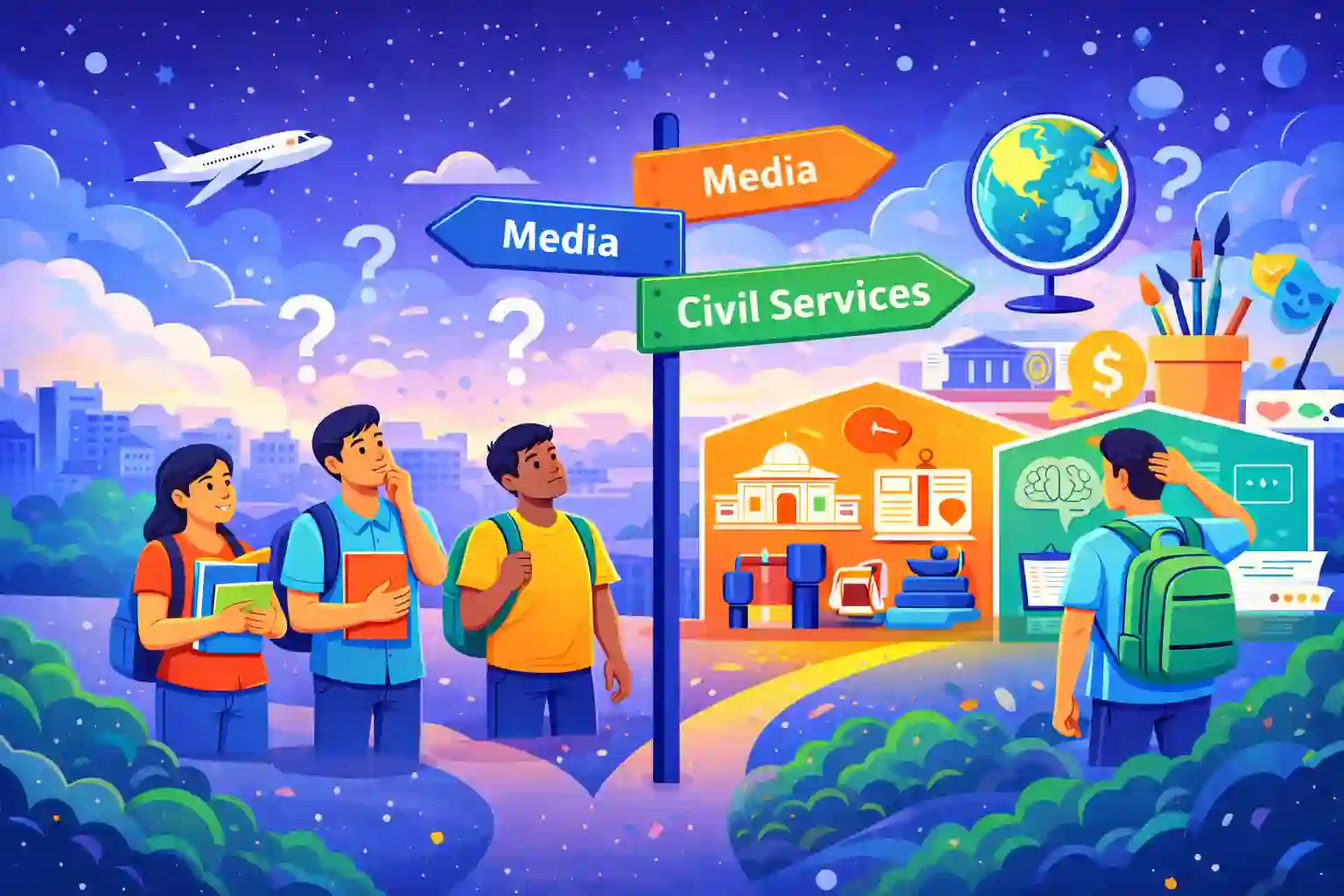 Illustration showing multiple arts career pathways in India including media, psychology, law, and public services in 2026