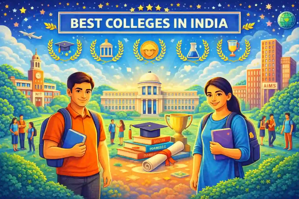 Illustration showing top college campuses in India with students representing diverse academic disciplines