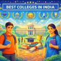 Illustration showing top college campuses in India with students representing diverse academic disciplines