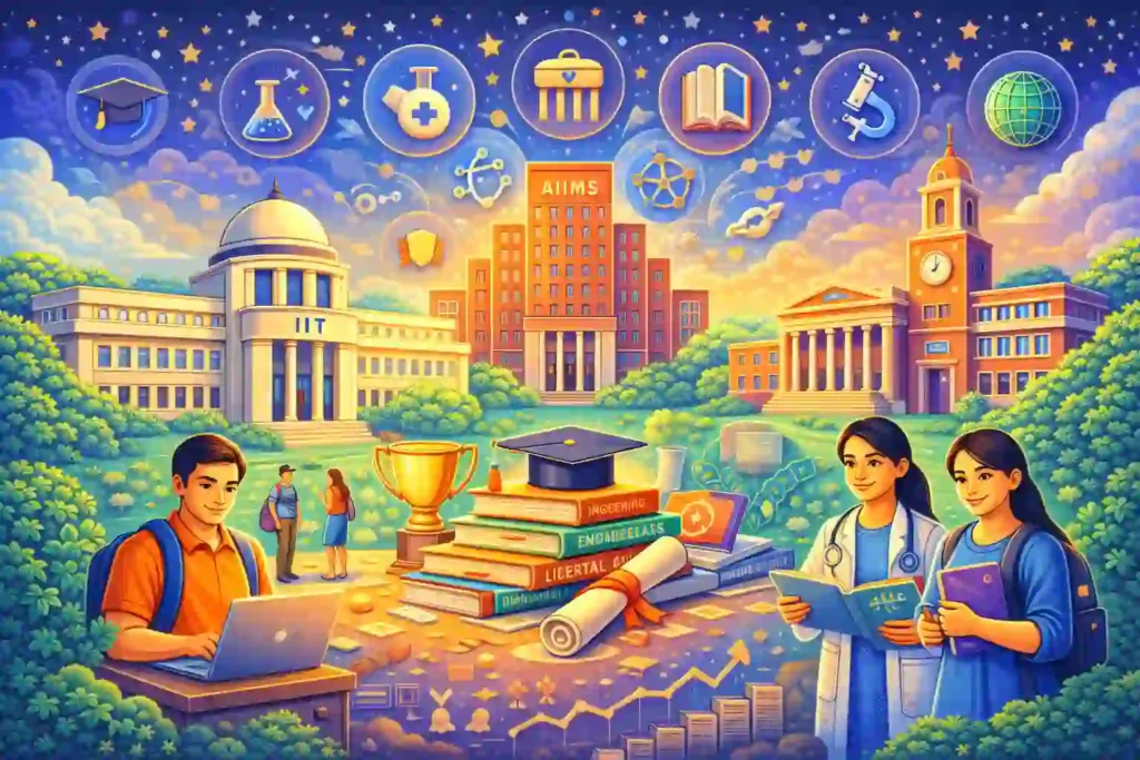 Illustration representing India’s higher education landscape with iconic colleges and academic environments