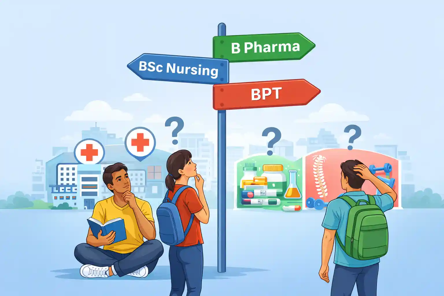 BSc Nursing vs B Pharma vs BPT comparison showing nursing, pharmacy, and physiotherapy career options in 2026