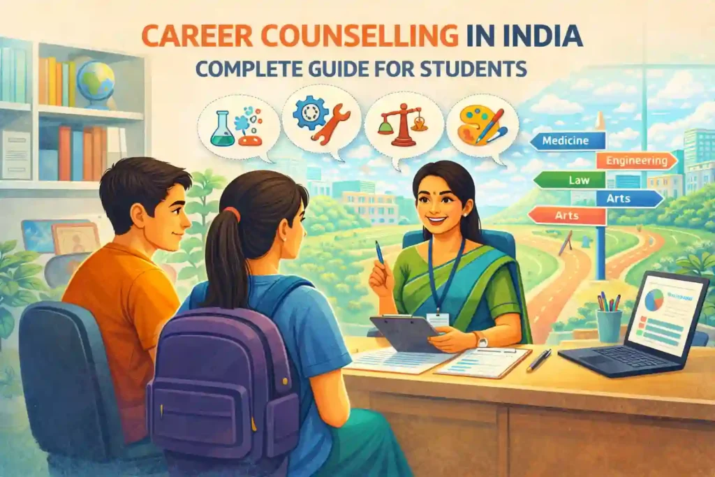 Illustration showing an Indian career counsellor guiding students through education and career choices