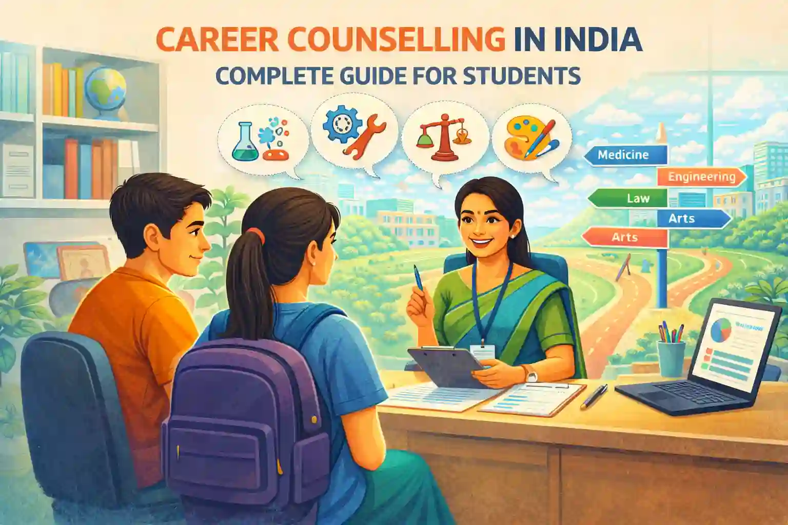 Illustration showing an Indian career counsellor guiding students through education and career choices