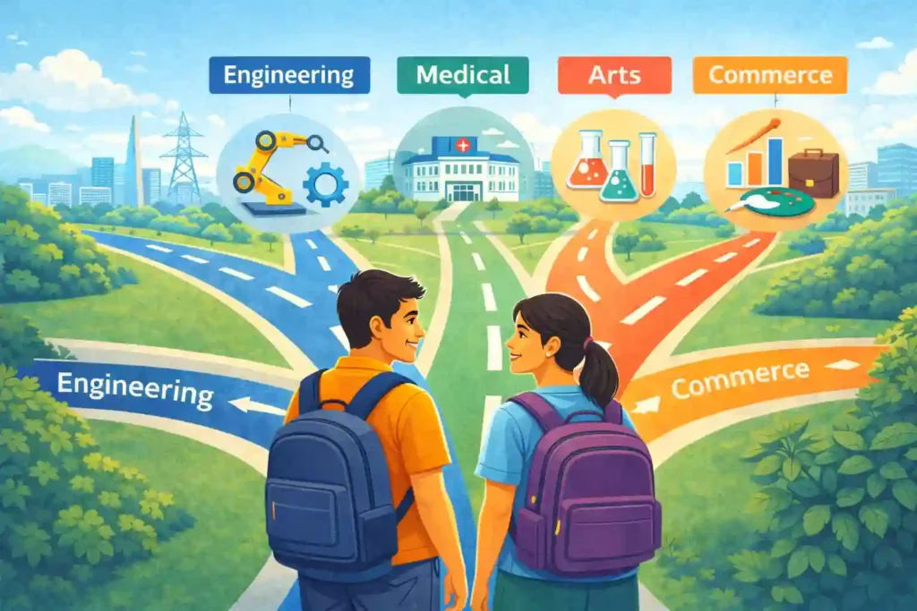Illustration showing Indian students at a crossroads choosing career paths like Engineering, Medical, Arts, and Commerce for career counselling in India