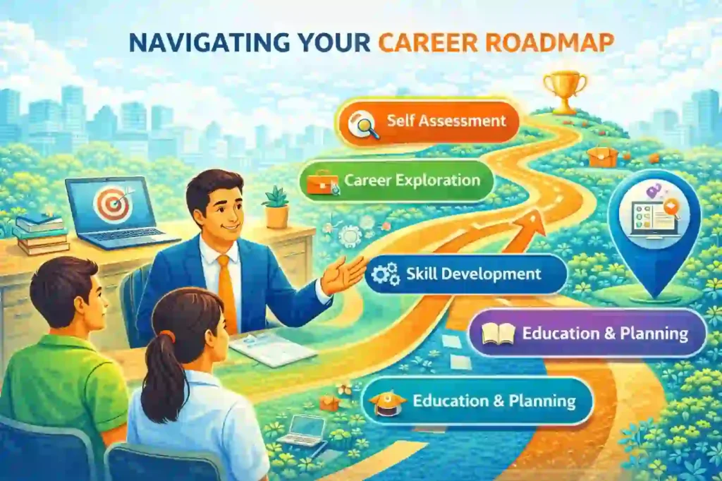 Career Guidance: Illustration showing indian school students exploring career guidance by experts.