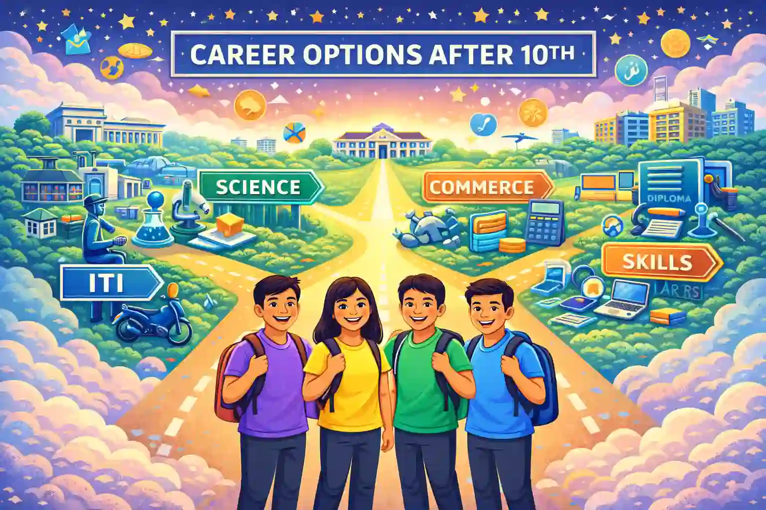 Illustration of bright, smiling students exploring different career options after 10th