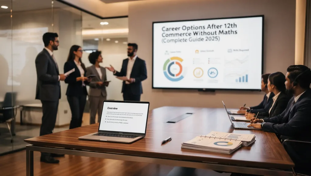 Students discussing career options after 12th commerce without maths in a meeting room