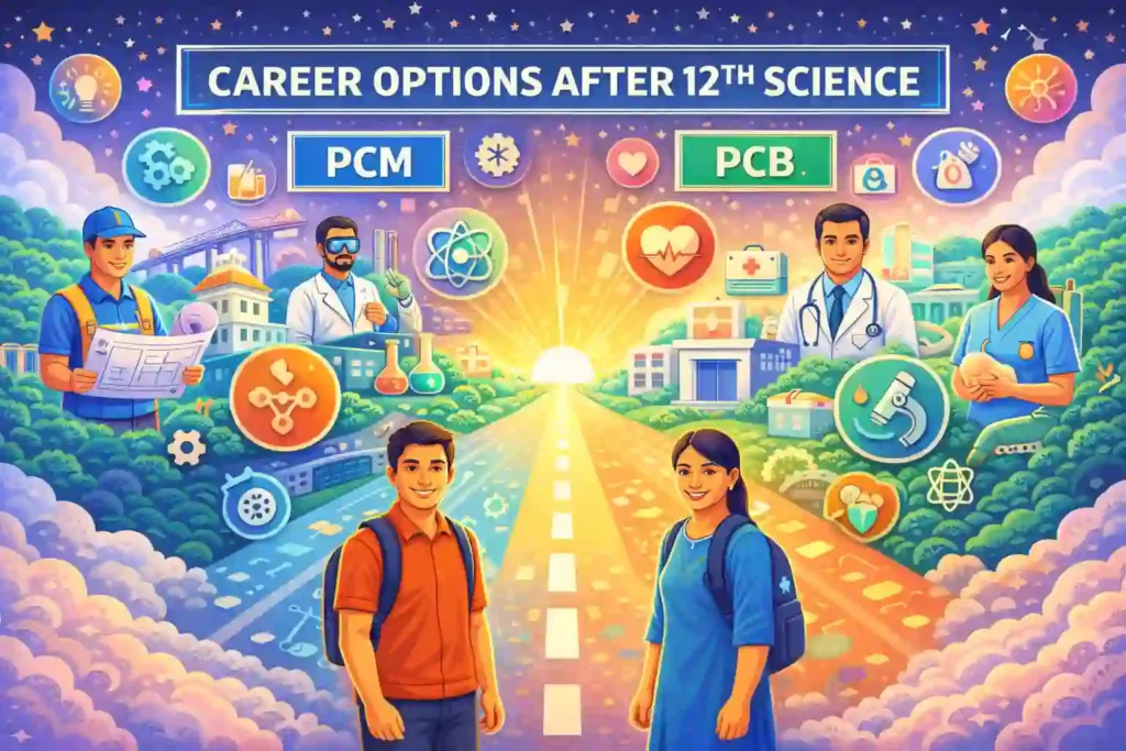 Illustration showing a young boy and girl with visible faces representing PCM and PCB career paths after 12th science