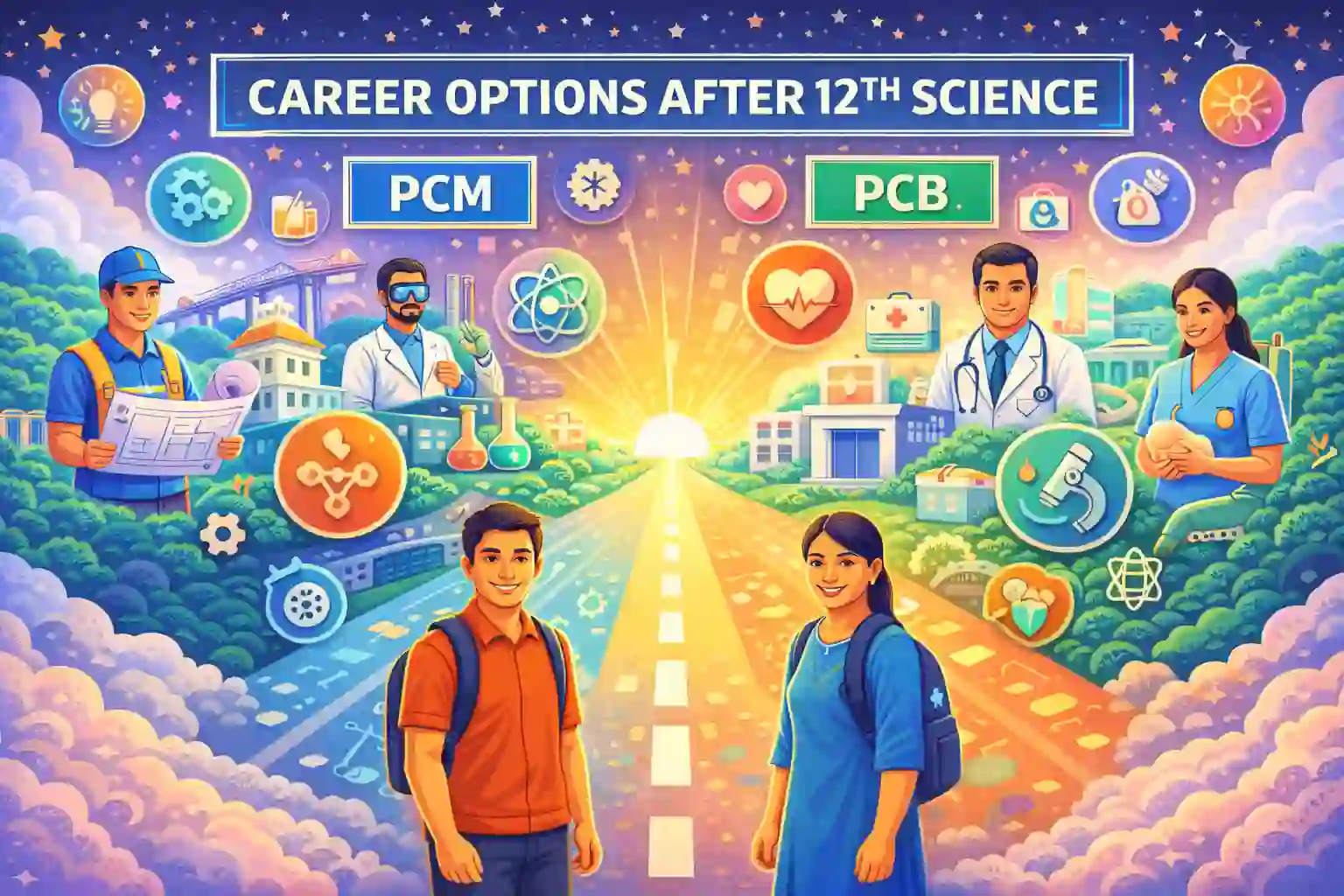Career Options After 12th Science – PCM and PCB Paths - Illustration showing a young boy and girl with visible faces representing PCM and PCB career paths after 12th science