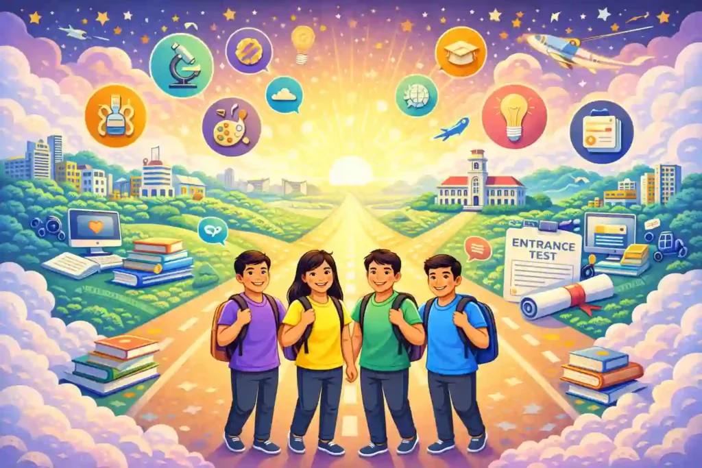 Illustration showing a career roadmap with icons representing education choices and future opportunities after 10th