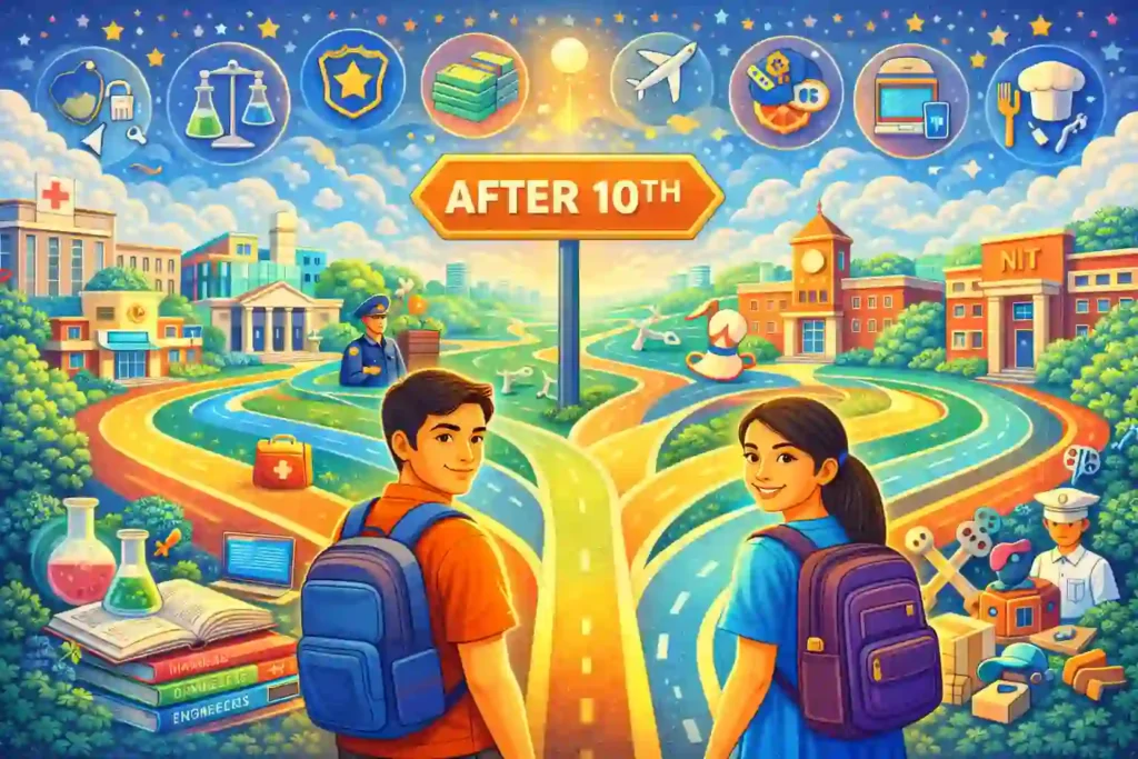 Illustration showing students happy after choosing their best-fit course after 10th in Top colleges