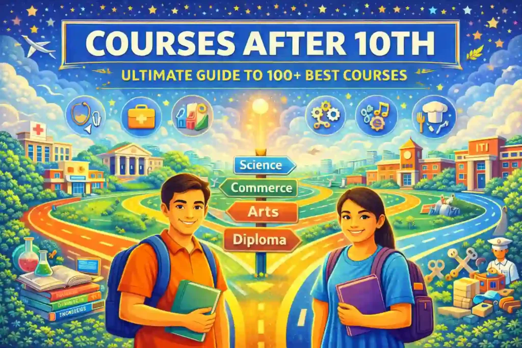 Illustration showing students choosing different courses after 10th