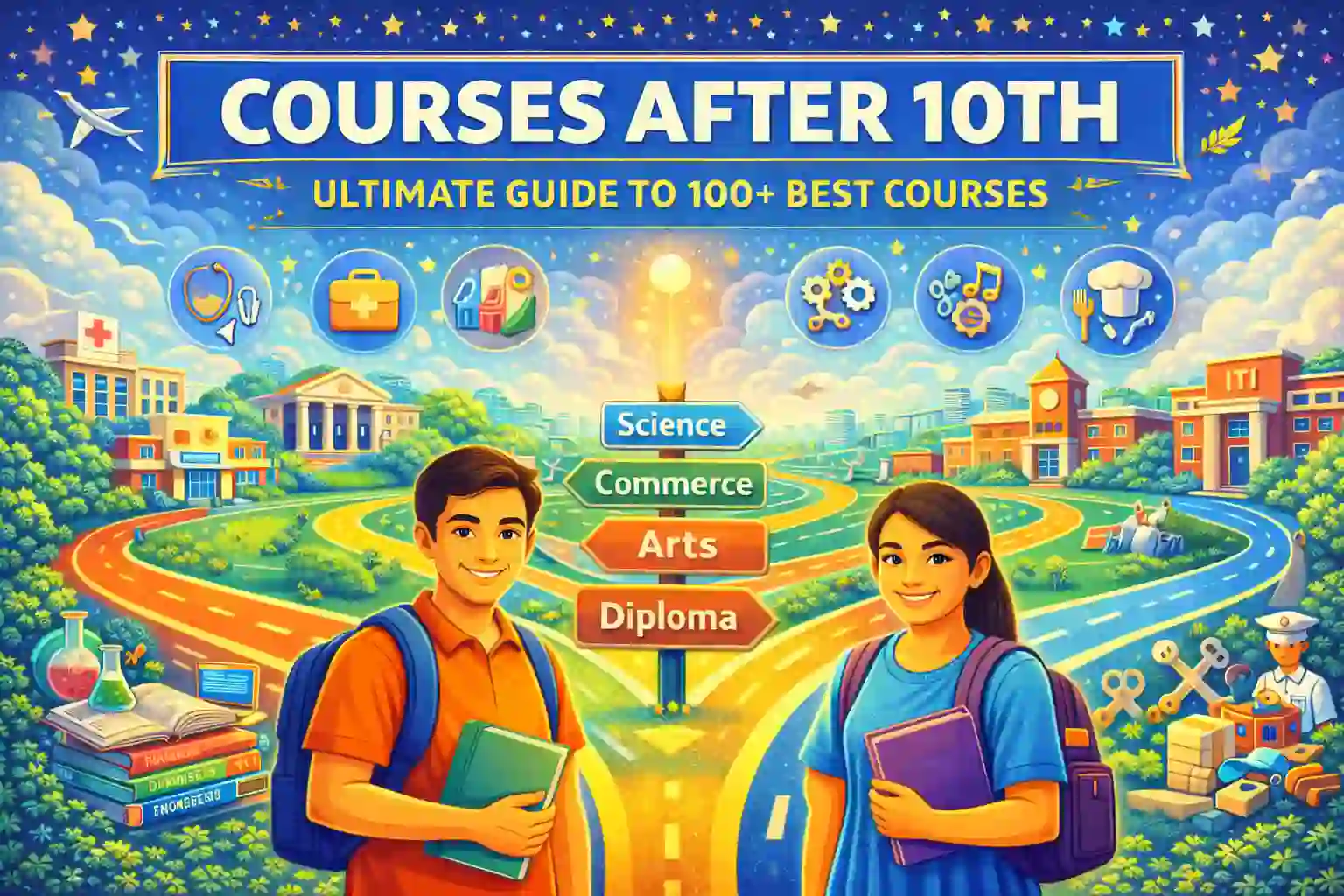 Illustration showing students choosing different courses after 10th