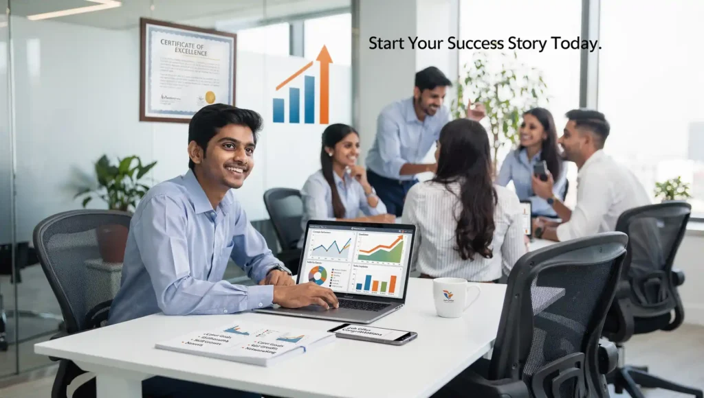 Young professional working in an office after completing a diploma course with immediate job placement