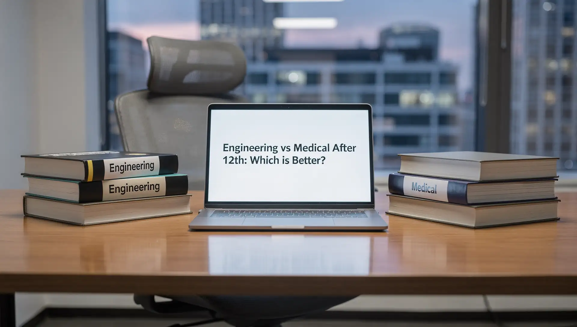 Laptop showing 'Engineering vs Medical After 12th' between engineering and medical books.