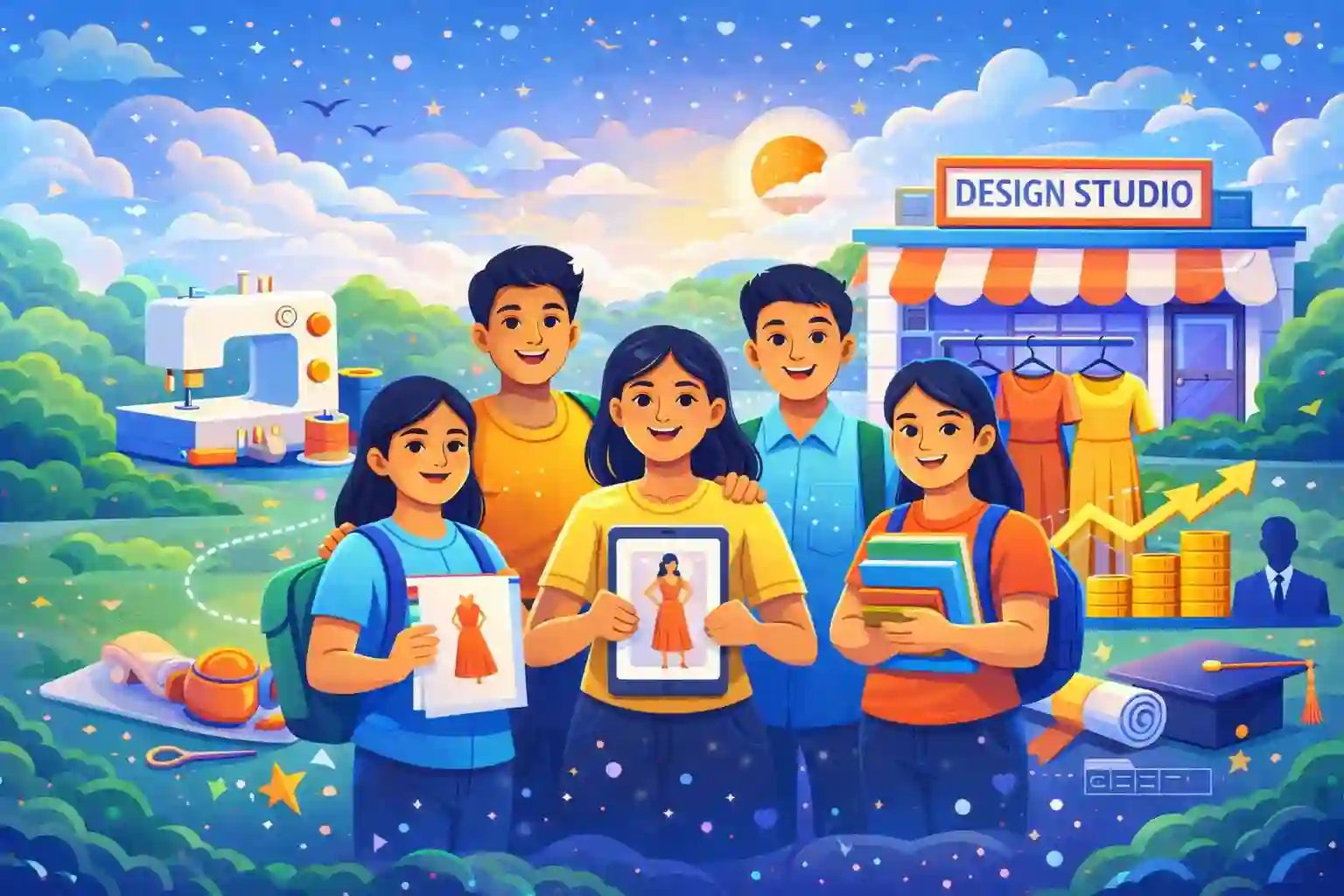 Indian students exploring fashion designing career options in a creative environment