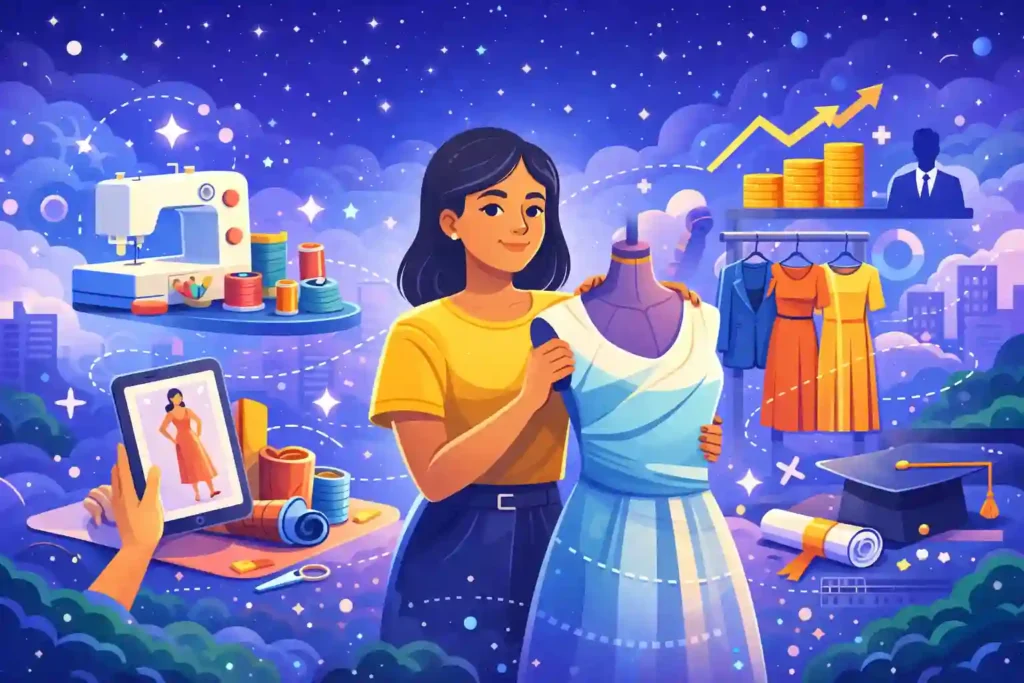 Fashion designing career path after 12th showing creative skills, design tools, and professional growth