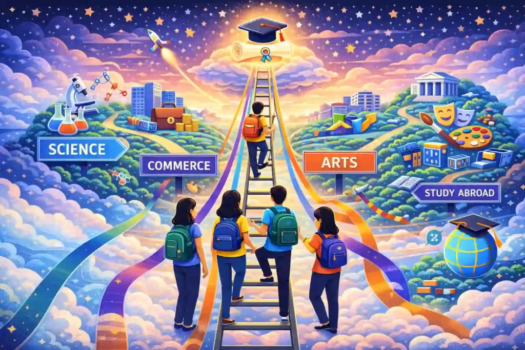 Futuristic illustration showing an education roadmap guiding Indian students toward future careers after 12th