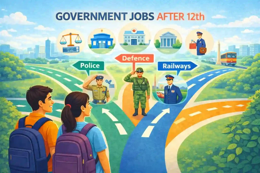 Illustration showing Indian students choosing government jobs after 12th such as Police, Defence and Railways in India