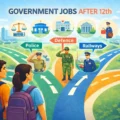 Illustration showing Indian students choosing government jobs after 12th such as Police, Defence and Railways in India